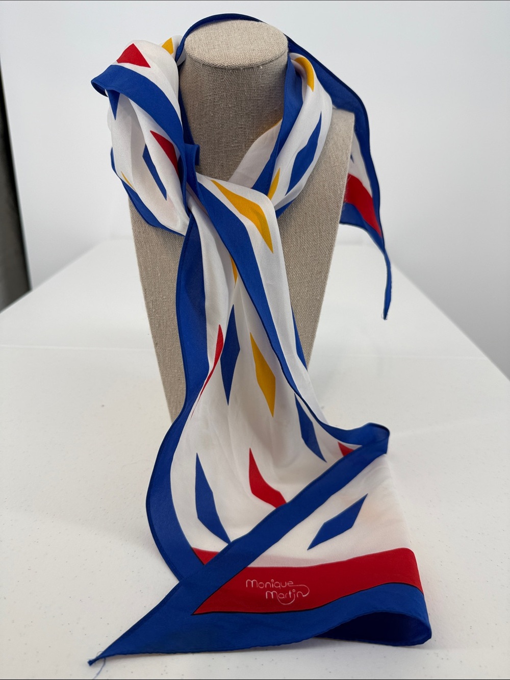 Monique Martin Silk blend Scarf — White with Blue, Red & Yellow Pattern - Picture 1 of 6